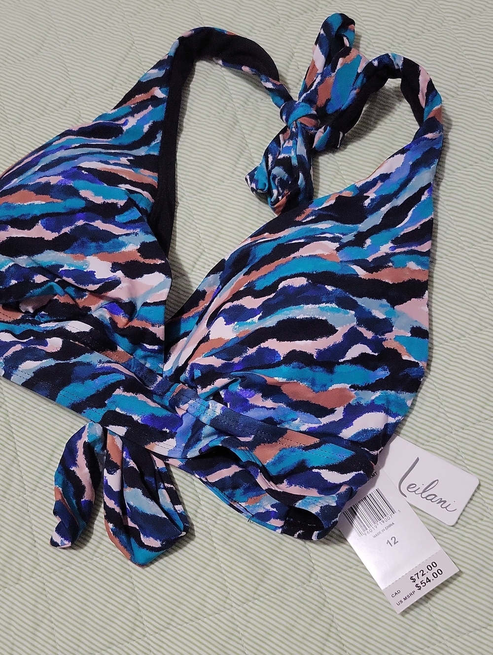 NWT- Leilani Multicolor Wave Halter Bikini Top - Blue & Black